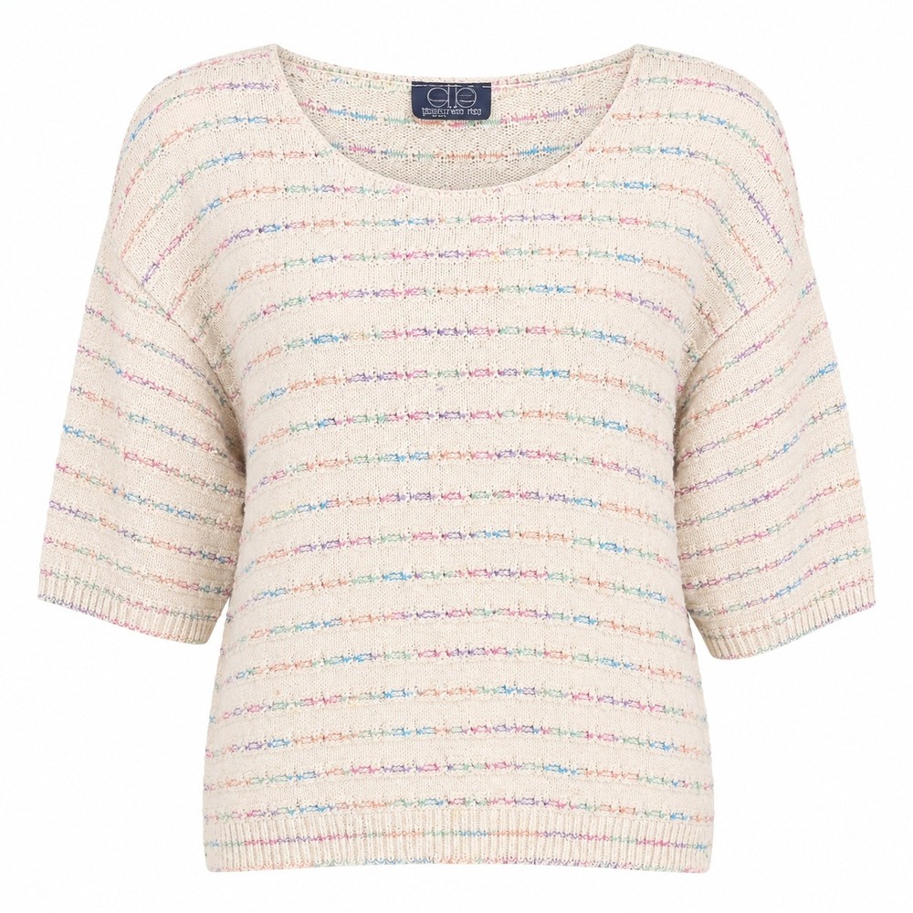 David Brett Vintage‎ Short Sleeve Knit Sweater Cream Multi Color Striped Boxy L